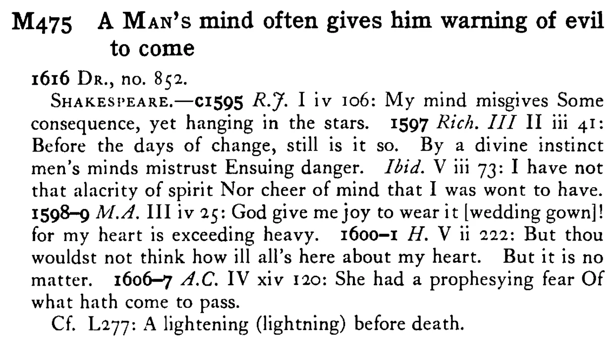 A MAN's mind often gives him warning of evil to come - a scanned entry from Tilley's 1950 Dictionary of Proverbs.