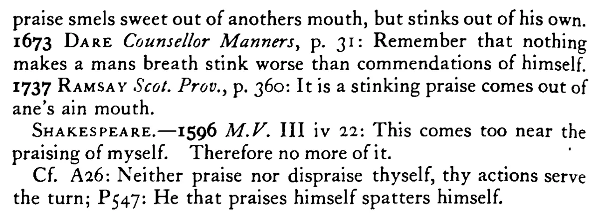 A MAN's praise in his own mouth does stink - a scanned entry from Tilley's 1950 Dictionary of Proverbs. (continuation)