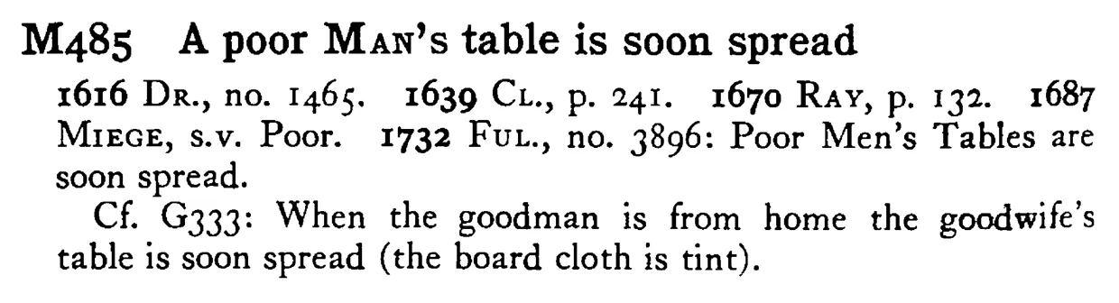 A poor MAN's table is soon spread - a scanned entry from Tilley's 1950 Dictionary of Proverbs.