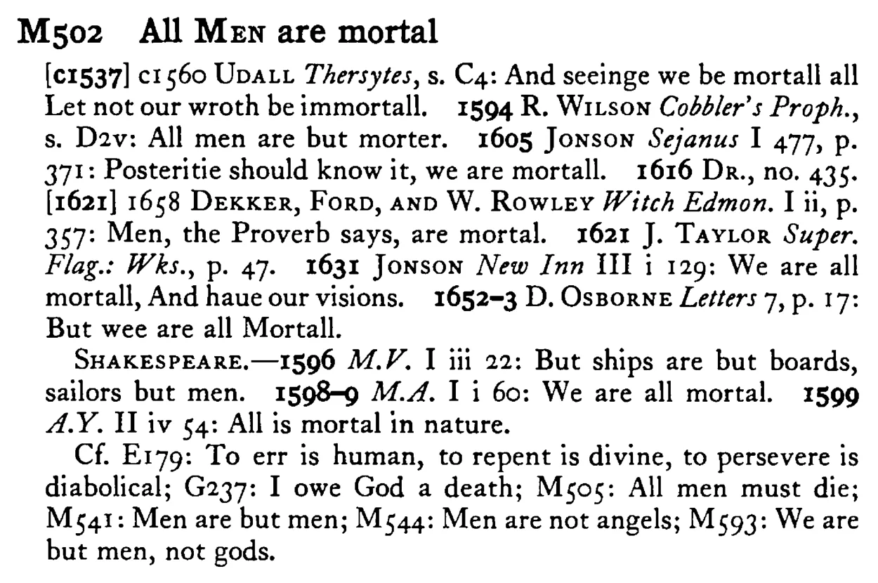 All Men are mortal - a scanned entry from Tilley's 1950 Dictionary of Proverbs.