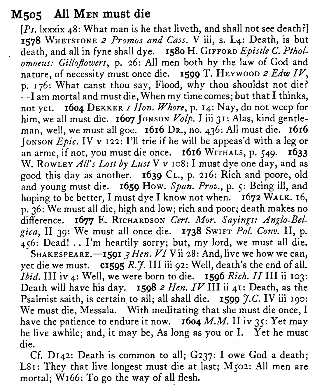 All MEN must die - a scanned entry from Tilley's 1950 Dictionary of Proverbs.