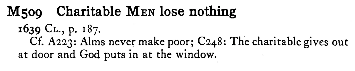 Charitable MEN lose nothing - a scanned entry from Tilley's 1950 Dictionary of Proverbs.