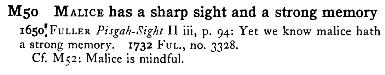 MALICE has a sharp sight and a strong memory - a scanned entry from Tilley's 1950 Dictionary of Proverbs.