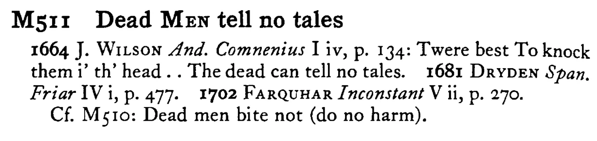 Dead MEN tell no tales - a scanned entry from Tilley's 1950 Dictionary of Proverbs.
