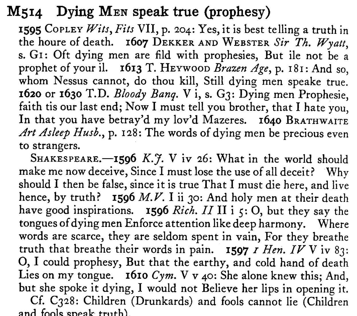 Dying MEN speak true (prophesy) - a scanned entry from Tilley's 1950 Dictionary of Proverbs.