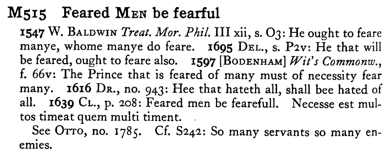 Feared MEN be fearful - a scanned entry from Tilley's 1950 Dictionary of Proverbs.