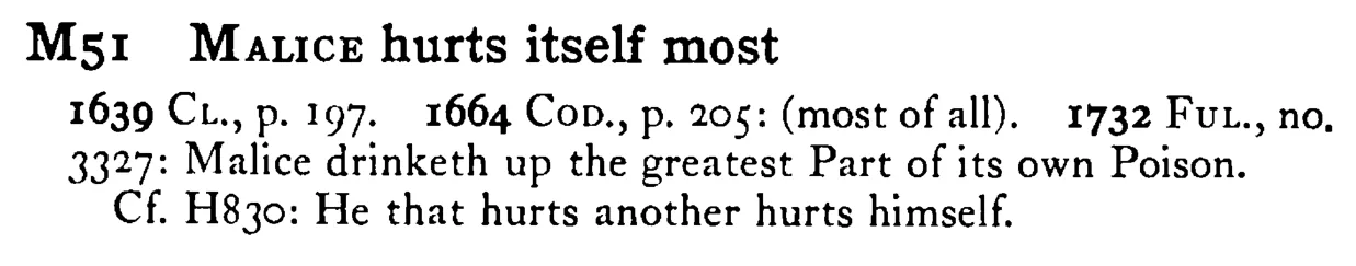 MALICE hurts itself most - a scanned entry from Tilley's 1950 Dictionary of Proverbs.