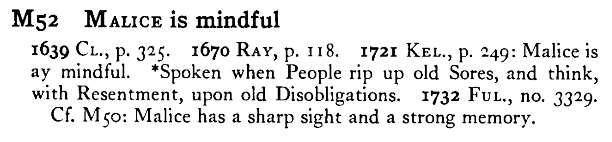 MALICE is mindful - a scanned entry from Tilley's 1950 Dictionary of Proverbs.