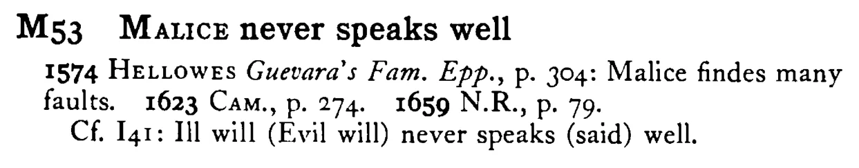 MALICE never speaks well - a scanned entry from Tilley's 1950 Dictionary of Proverbs.