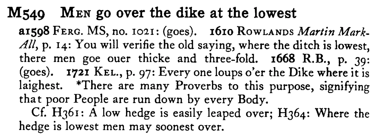 MEN go over the dike at the lowest - a scanned entry from Tilley's 1950 Dictionary of Proverbs.