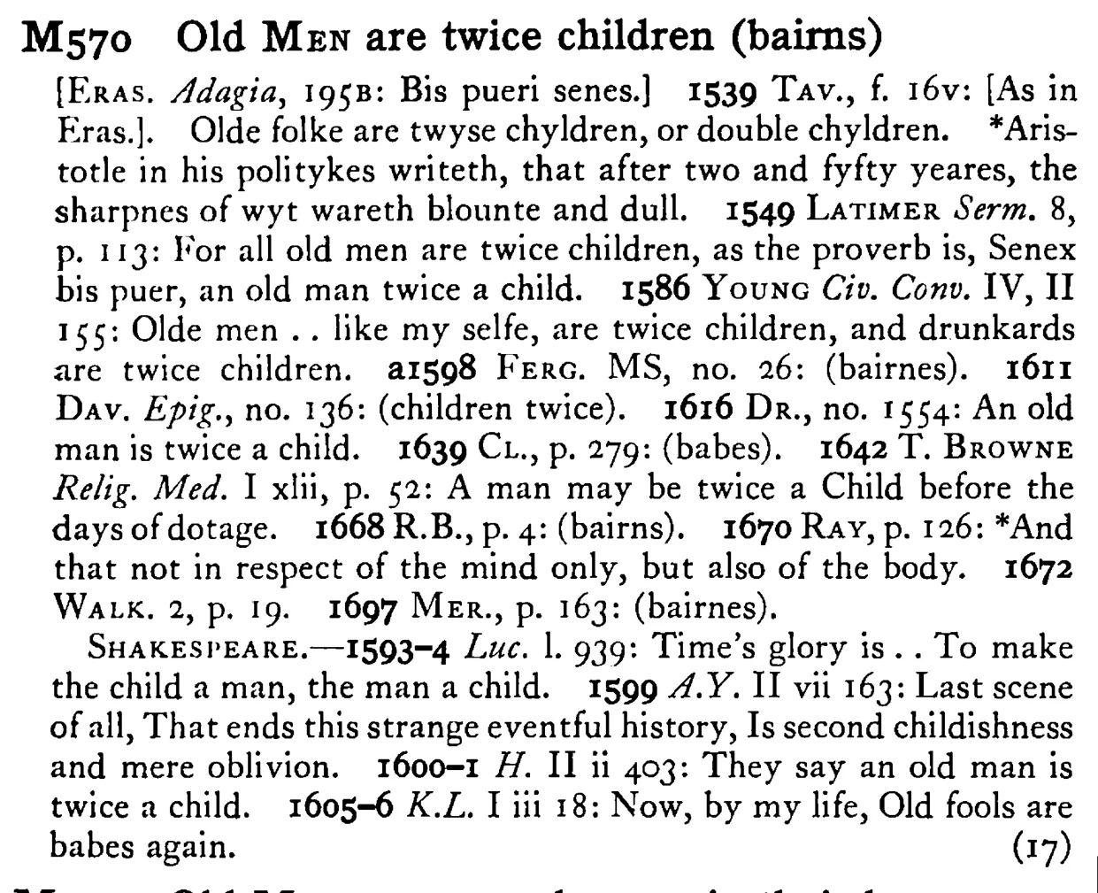 Old MEN are twice children (bairns) - a scanned entry from Tilley's 1950 Dictionary of Proverbs.