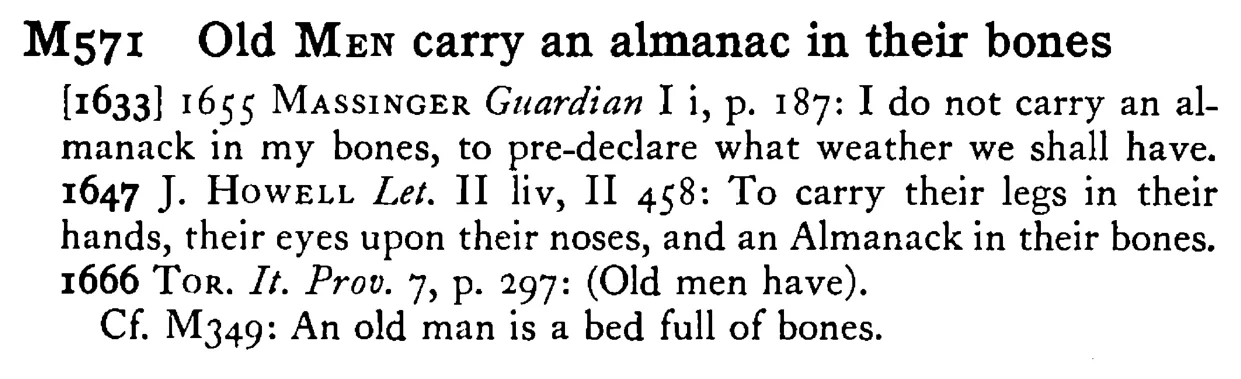 Old MeN carry an almanac in their bones - a scanned entry from Tilley's 1950 Dictionary of Proverbs.
