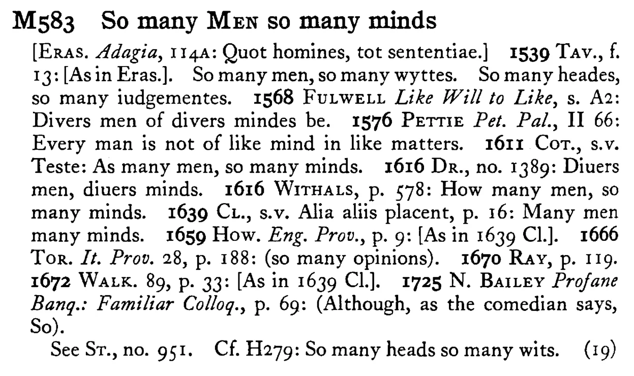 So many MEN so many minds - a scanned entry from Tilley's 1950 Dictionary of Proverbs.