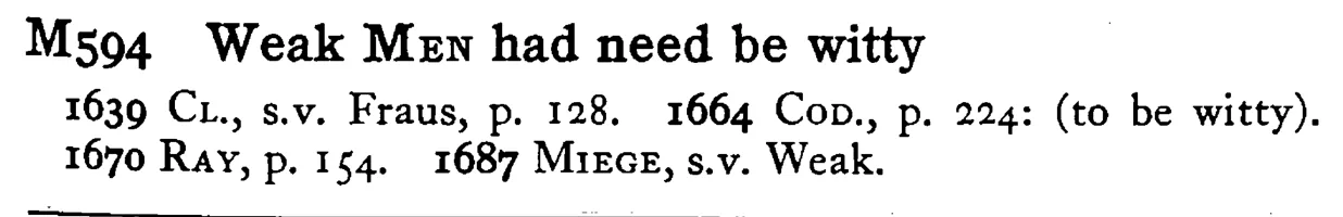 Weak MEN had need be witty - a scanned entry from Tilley's 1950 Dictionary of Proverbs.