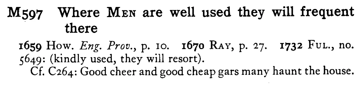 Where MEN are well used they will frequent there - a scanned entry from Tilley's 1950 Dictionary of Proverbs.
