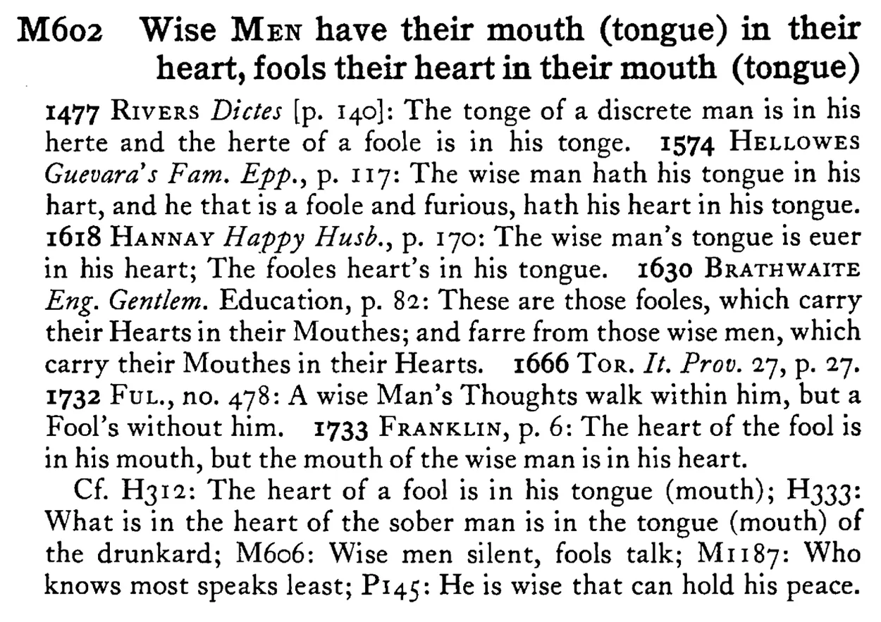 Wise MEN have their mouth (tongue) in their heart, fools their heart in their mouth (tongue) - a scanned entry from Tilley's 1950 Dictionary of Proverbs.