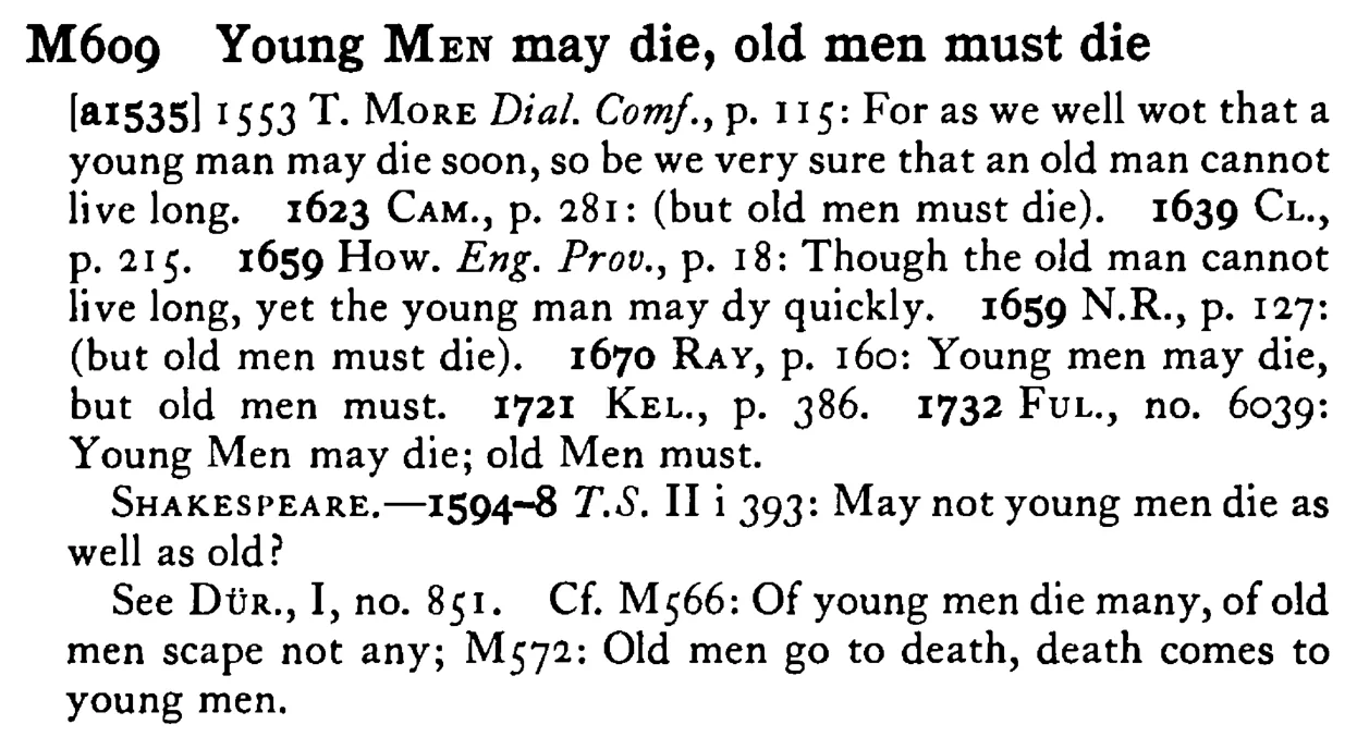 Young MEN may die, old men must die - a scanned entry from Tilley's 1950 Dictionary of Proverbs.