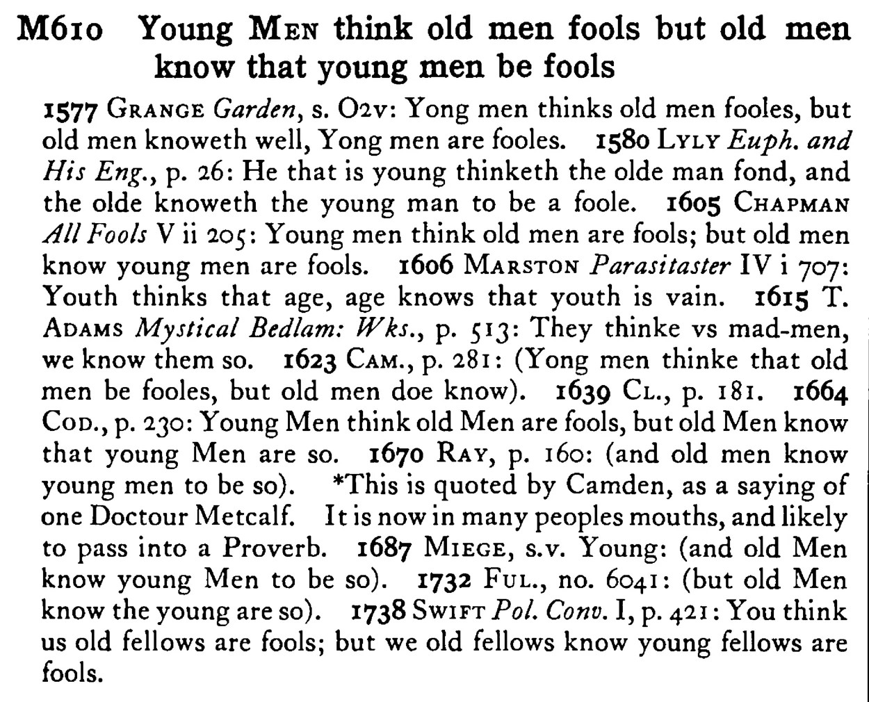 Young MEN think old men fools but old men know that young men be fools - a scanned entry from Tilley's 1950 Dictionary of Proverbs.