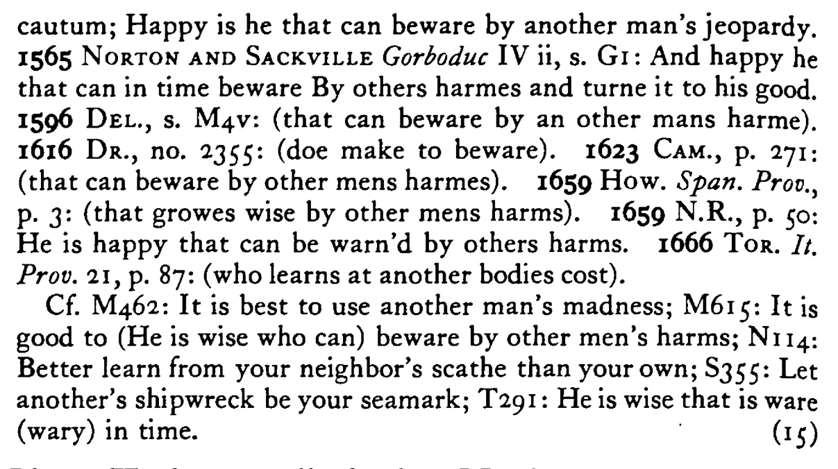 Happy is he whom other MEN's harms make beware - a scanned entry from Tilley's 1950 Dictionary of Proverbs. (continuation)