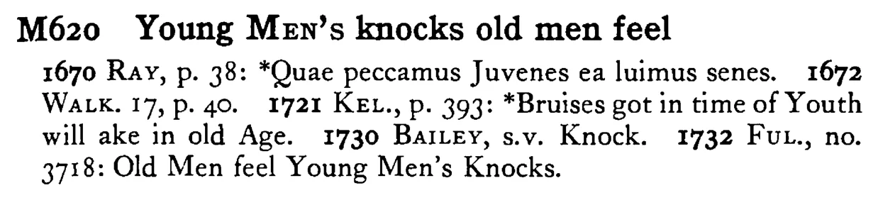 Young MEN's knocks old men feel - a scanned entry from Tilley's 1950 Dictionary of Proverbs.