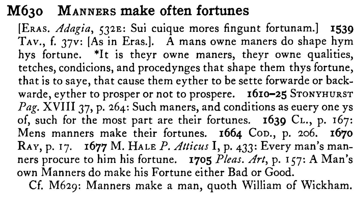 MANNERS make often fortunes - a scanned entry from Tilley's 1950 Dictionary of Proverbs.