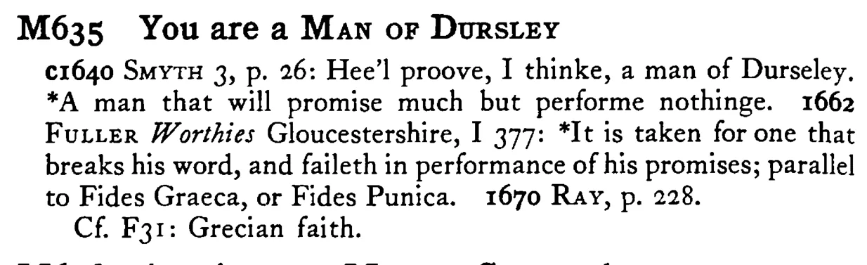 You are a MAN OF DURSLEY - a scanned entry from Tilley's 1950 Dictionary of Proverbs.