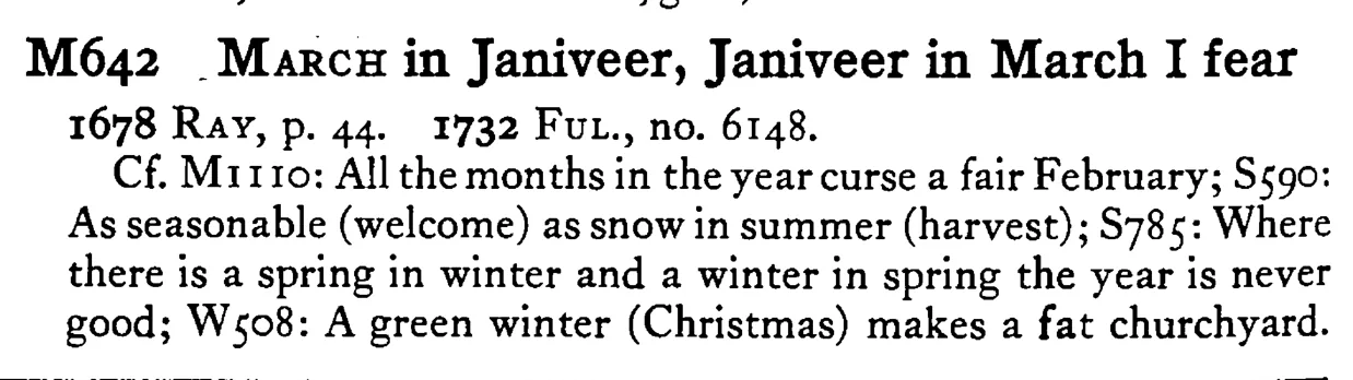 MARCH in Janiveer, Janiveer in March I fear - a scanned entry from Tilley's 1950 Dictionary of Proverbs.