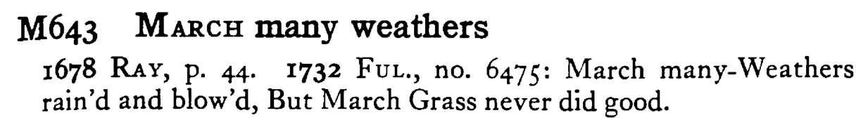 MARCH many weathers - a scanned entry from Tilley's 1950 Dictionary of Proverbs.