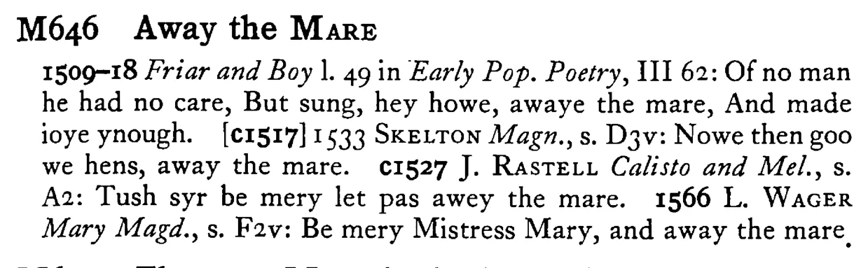 Away the MARE - a scanned entry from Tilley's 1950 Dictionary of Proverbs.
