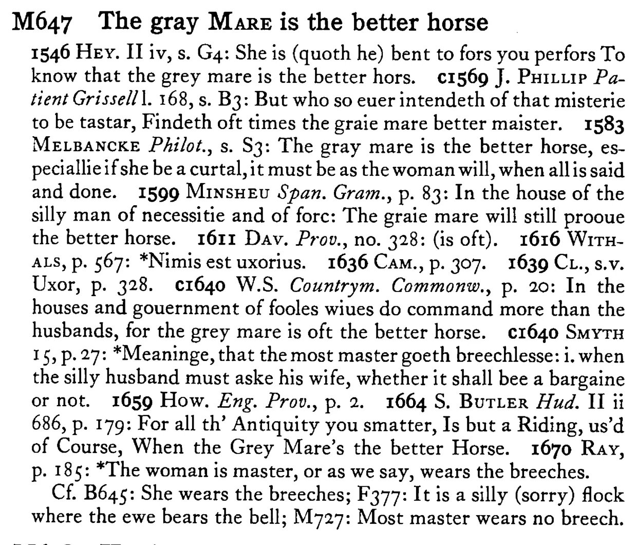 The gray MARE is the better horse - a scanned entry from Tilley's 1950 Dictionary of Proverbs.