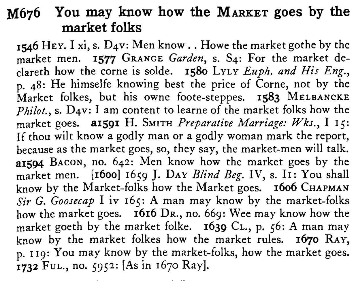 You may know how the MARKET goes by the market folks - a scanned entry from Tilley's 1950 Dictionary of Proverbs.