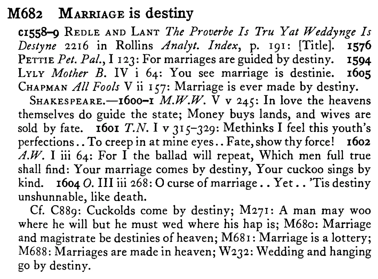 MARRIAGE is destiny - a scanned entry from Tilley's 1950 Dictionary of Proverbs.