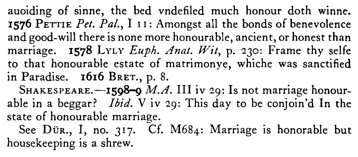 MARRIAGE is honorable - a scanned entry from Tilley's 1950 Dictionary of Proverbs. (continuation)