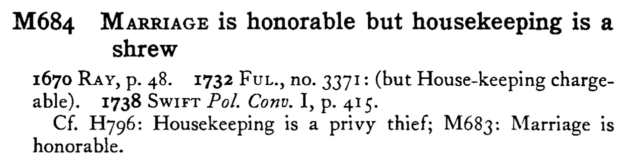 MARRIAGE is honorable but housekeeping is a shrew - a scanned entry from Tilley's 1950 Dictionary of Proverbs.