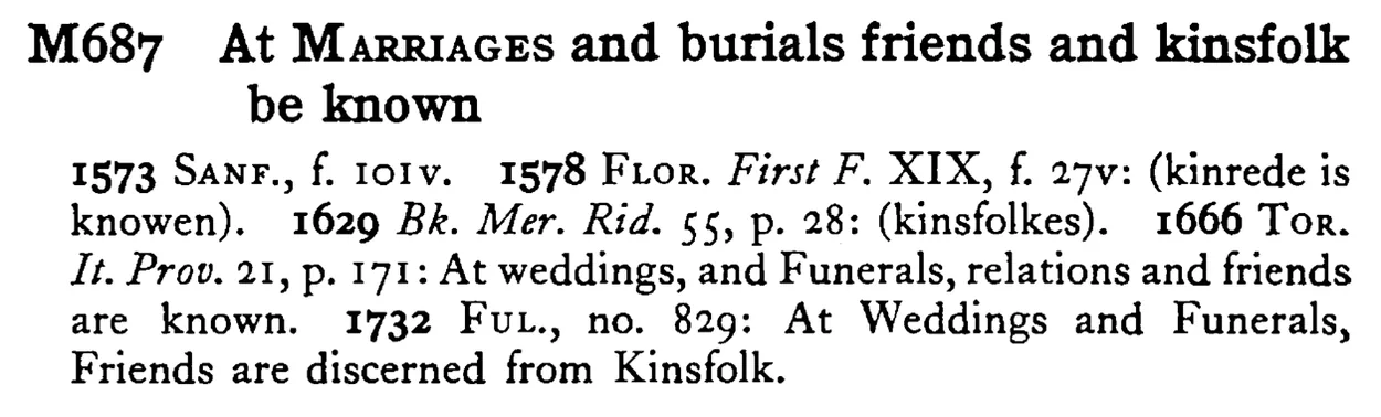 At MARRIAGES and burials friends and kinsfolk be known - a scanned entry from Tilley's 1950 Dictionary of Proverbs.