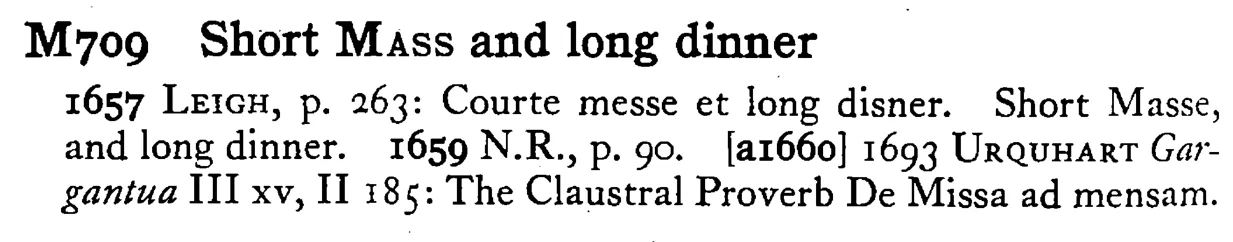 Short MASS and long dinner - a scanned entry from Tilley's 1950 Dictionary of Proverbs.