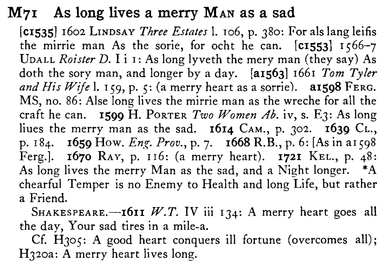 As long lives a merry MAN as a sad - a scanned entry from Tilley's 1950 Dictionary of Proverbs.