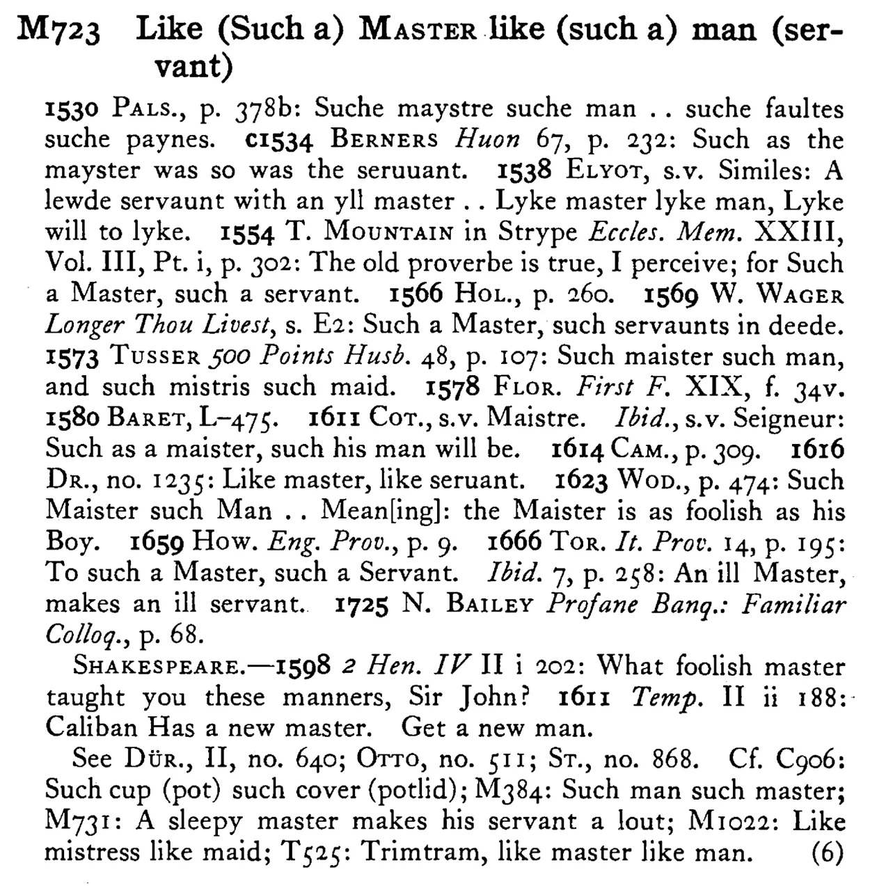 Like (Such a) MASTER like (such a) man (ser-vant) - a scanned entry from Tilley's 1950 Dictionary of Proverbs.