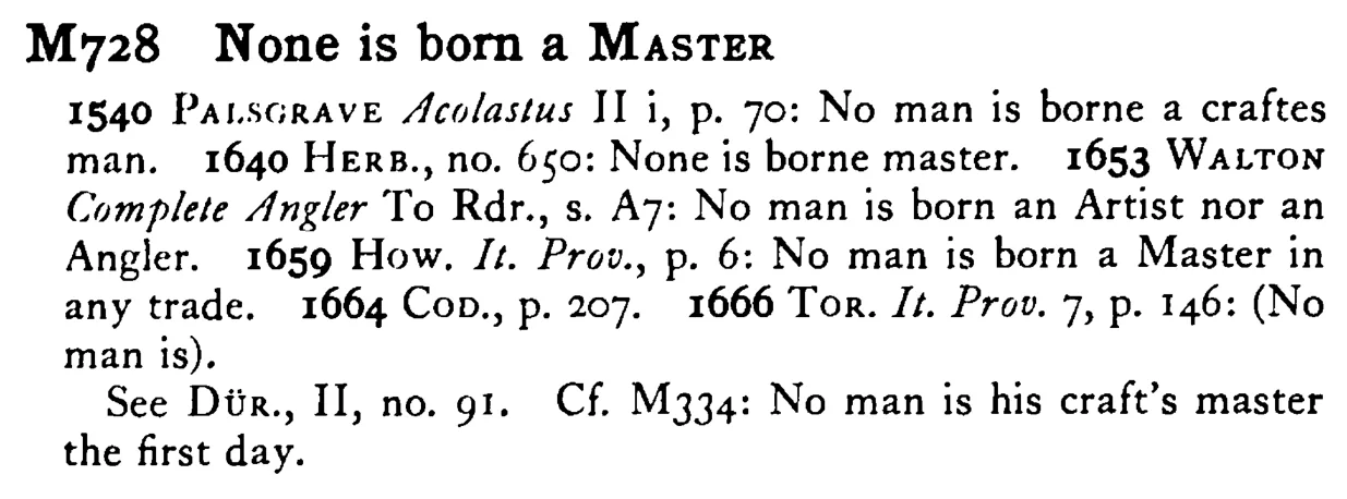 None is born a MASTER - a scanned entry from Tilley's 1950 Dictionary of Proverbs.