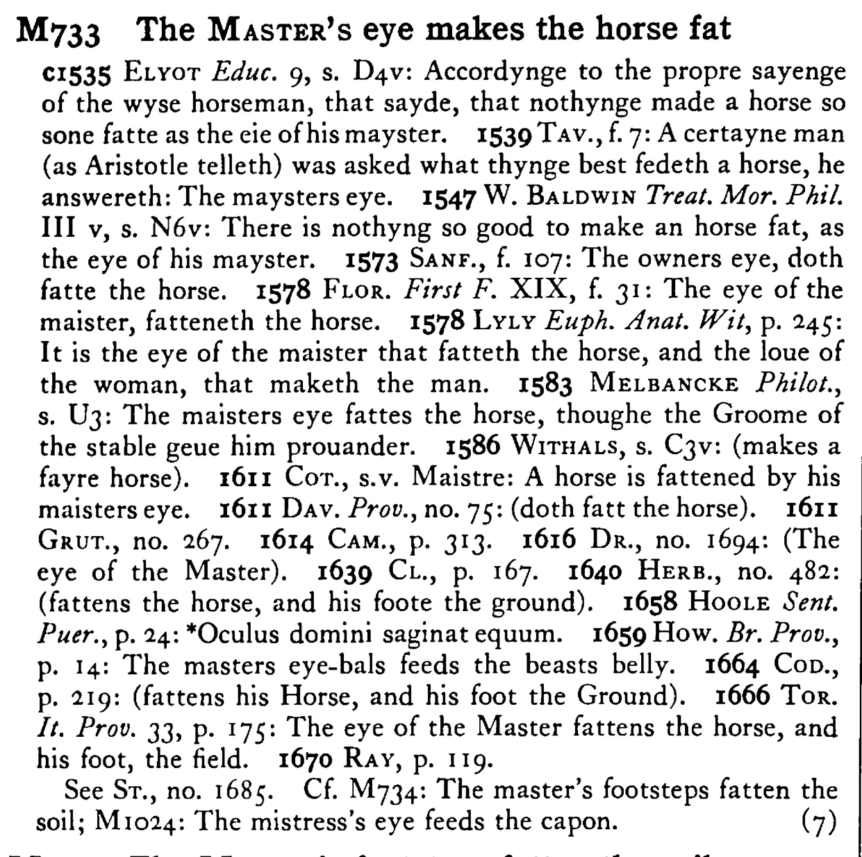 The MASTER's eye makes the horse fat - a scanned entry from Tilley's 1950 Dictionary of Proverbs.