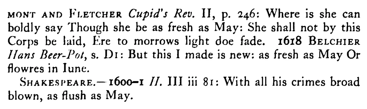 As fresh as MAY - a scanned entry from Tilley's 1950 Dictionary of Proverbs. (continuation)