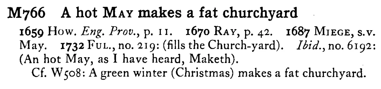 A hot MAY makes a fat churchyard - a scanned entry from Tilley's 1950 Dictionary of Proverbs.