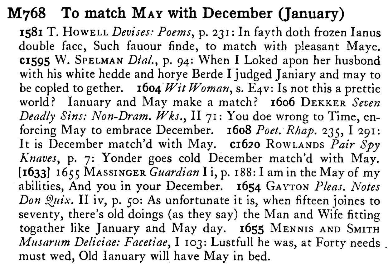 To match MAY with December (January) - a scanned entry from Tilley's 1950 Dictionary of Proverbs.
