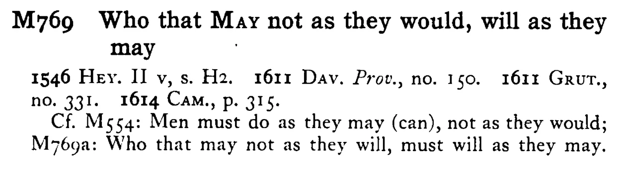 Who that MAY not as they would, will as they may - a scanned entry from Tilley's 1950 Dictionary of Proverbs.