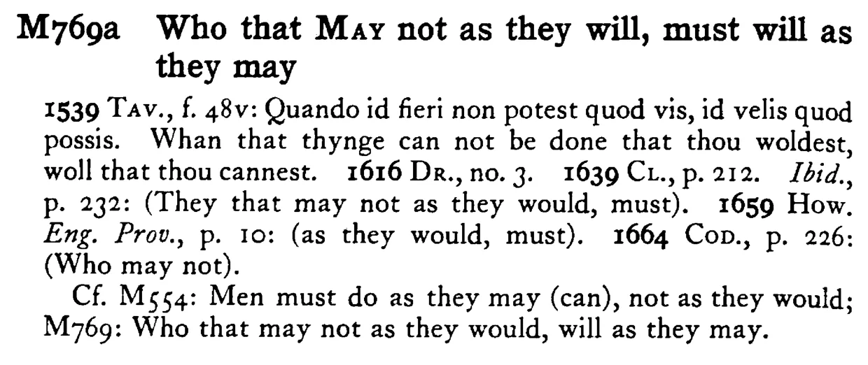 Who that MAY not as they would, will as they may - a scanned entry from Tilley's 1950 Dictionary of Proverbs. (continuation)