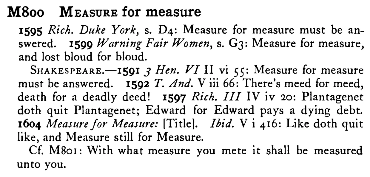 MEASURE for measure - a scanned entry from Tilley's 1950 Dictionary of Proverbs.