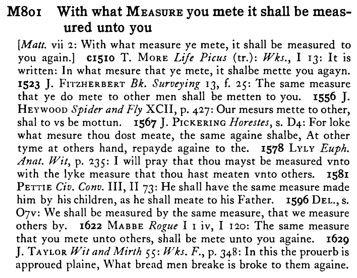 With what MEASURE you mete it shall be measured unto you - a scanned entry from Tilley's 1950 Dictionary of Proverbs.