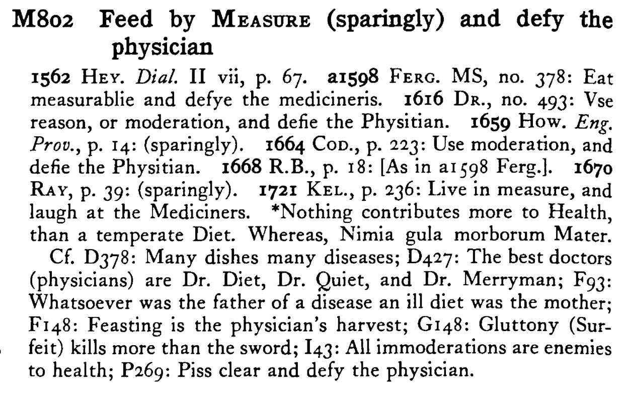 Feed by MEASURE (sparingly) and defy the physician - a scanned entry from Tilley's 1950 Dictionary of Proverbs.