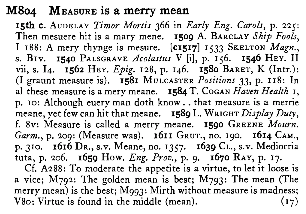 MEASURE is a merry mean - a scanned entry from Tilley's 1950 Dictionary of Proverbs.