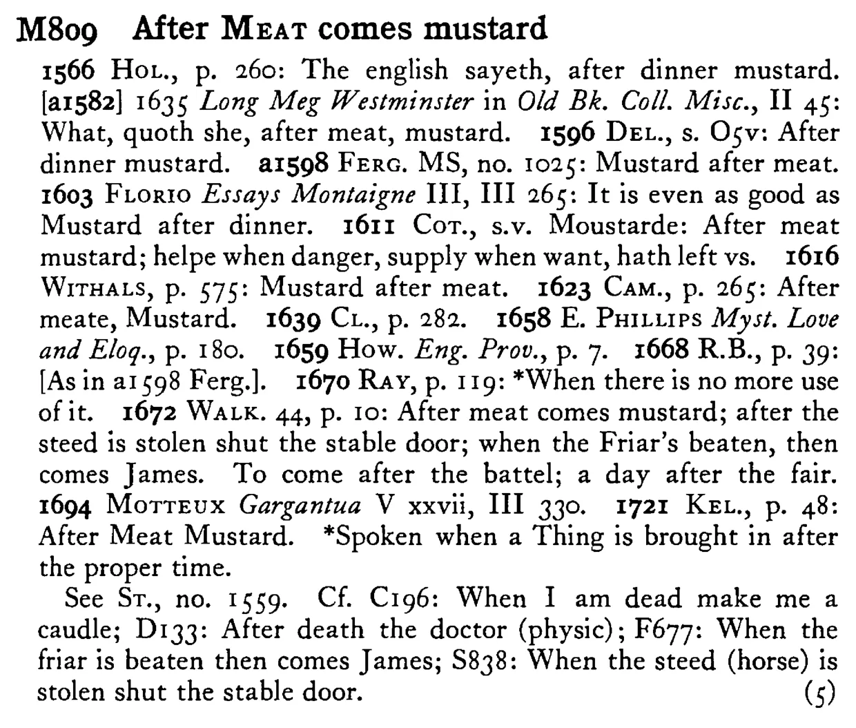 After MEAT comes mustard - a scanned entry from Tilley's 1950 Dictionary of Proverbs.